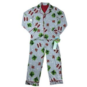 Kids Minecraft Creeper Ornaments Christmas Holiday Button Pajama Set Size XS